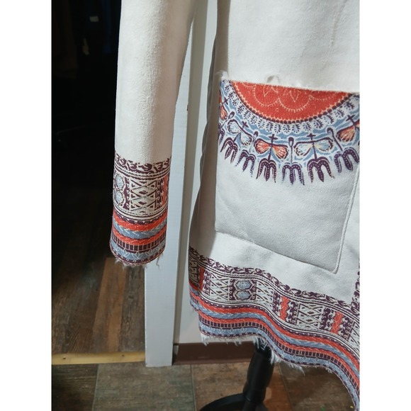 Billabong Womens Boho Faux Suede Tribal Print Faux Fur Trim Toggle Coat Cream S - Picture 5 of 11